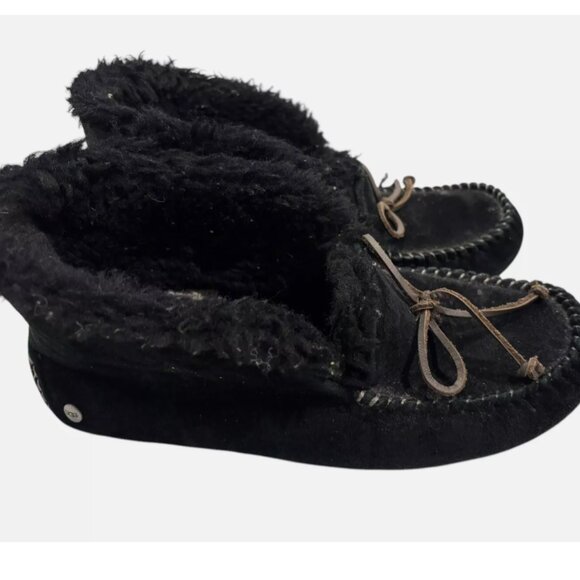 UGG Alena Black Sheepskin Suede Moccasin Slippers Women's US Sz 9 - Picture 1 of 9